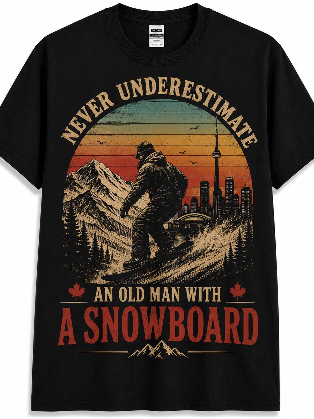 Gildan Black Tee with Multicolor Retro Snowboard Graphic